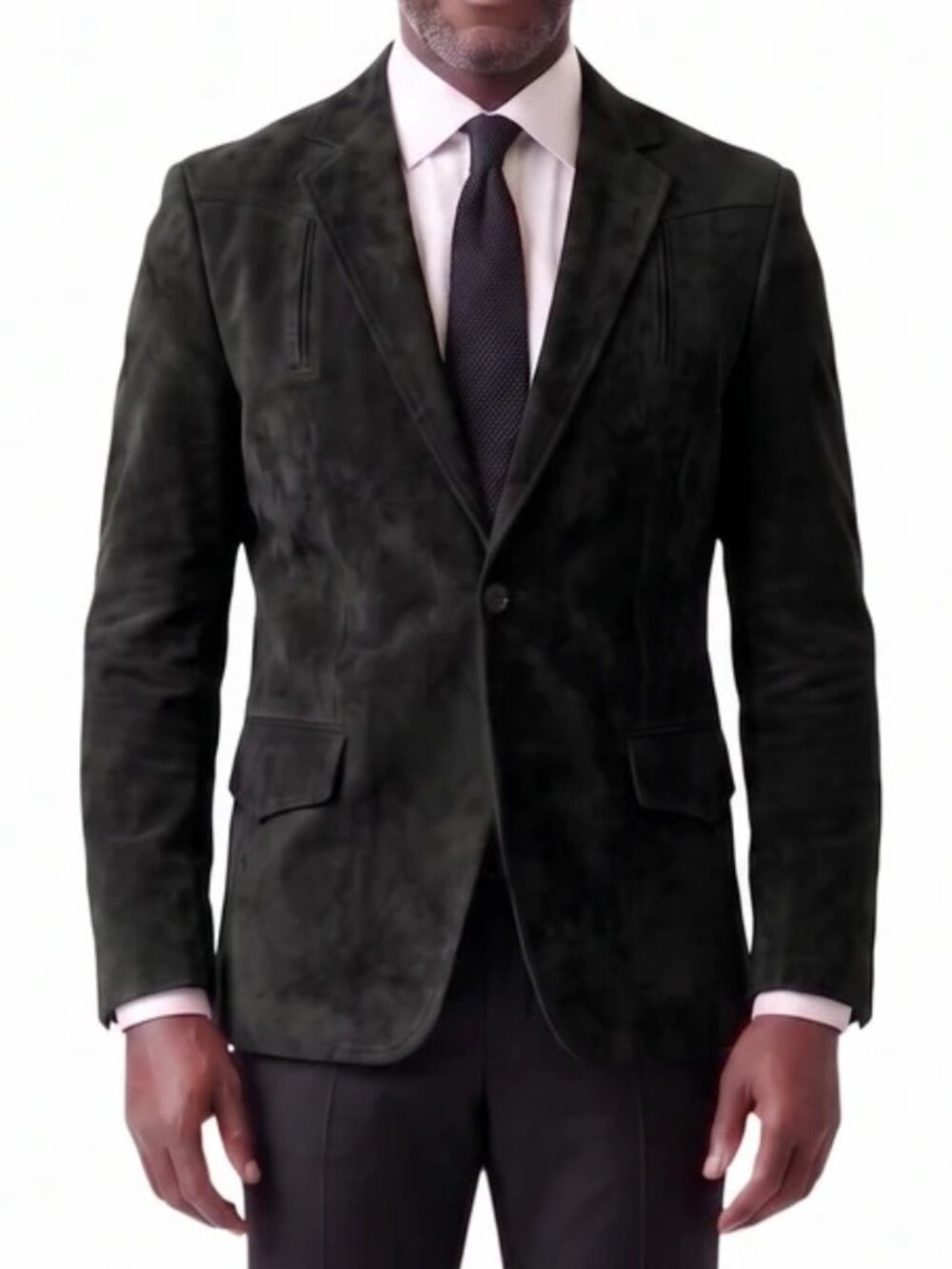 Solid Black Suede Notch Lapel Slim Fit Men's Jacket